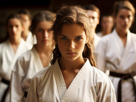 Junge Frauen, Teenager, M&auml;dchen in Karate Gi, Karateanzug in einer Kampfsportschule