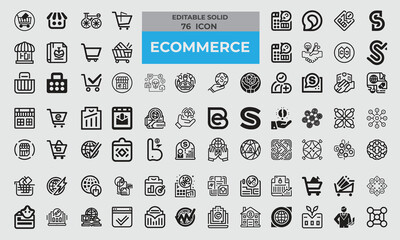 Set of 76 Solid Icons related E-commerce. Editable icon contains such icons as E-commerce, E-shop, Online Shop, E-business symbol, Business network and Social networking business.