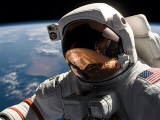 photo of close up of an astronaut in space looking into camera earth in background
