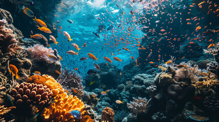 Fototapeta na wymiar A vibrant coral reef teeming with colorful fish