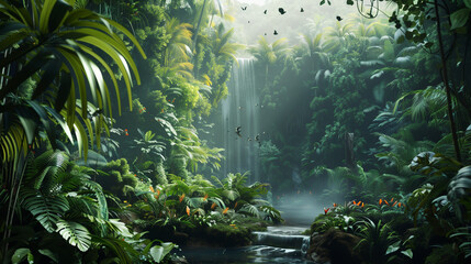  Tropical rainforest with waterfall, birds flying