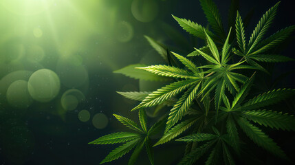 Illustration of a beautiful cannabis plant in a blurred background with lots of flare from the bright morning sun - obrazy, fototapety, plakaty