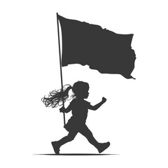 Silhouette little girl ran while carrying a plain flag black color only full body 