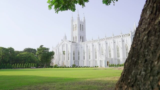 A movement daylight shot of the heritage building of the Saint Paul Cathedral Church in Kolkata, West Bengal, India noted for its Gothic architecture and dedicated to Paul the Apostle.
