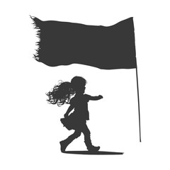 Silhouette little girl ran while carrying a plain flag black color only full body 