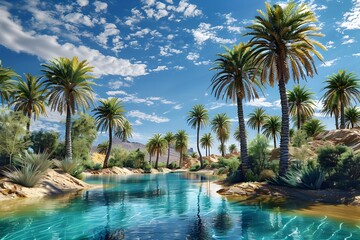 hidden grandeur of a remote desert oasis, where palm trees sway gently in the breeze beside shimmering pools of azure water, captured in 16K resolution with breathtaking elegance.