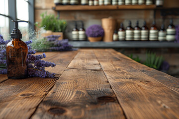 Apothecary Style Dispenser with Lavender on Rustic Wood - obrazy, fototapety, plakaty
