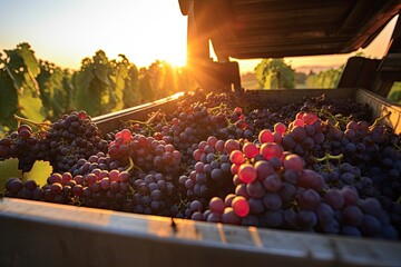 The early morning sun casts a golden glow over a bin filled with freshly harvested grapes, signaling the start of a new vintage - obrazy, fototapety, plakaty