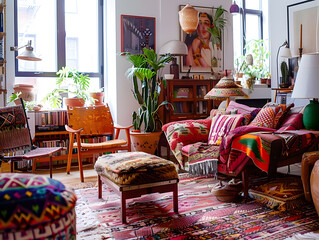 Fototapeta na wymiar Bohemian Inspired Living Room with Mismatched Furniture