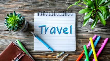 Journey Preparation with 'Travel' Inscribed on Notepad Among Writing Supplies