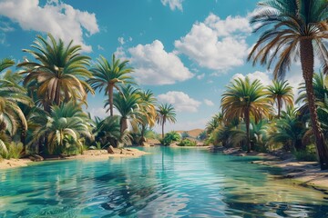 hidden grandeur of a remote desert oasis, where palm trees sway gently in the breeze beside shimmering pools of azure water, captured in 16K resolution with breathtaking elegance.