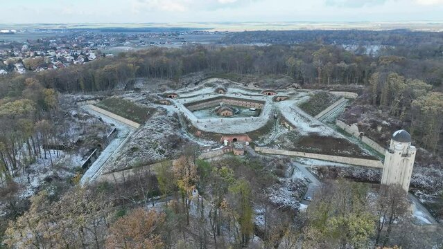 Aerial drone view of Nysa Stronghold early modern defensive systems. Fort nysa. Prussian fortress nysa in Opole. Fort Prussia, erected on the hills of the northern bank of the Nysa Klodzka river.