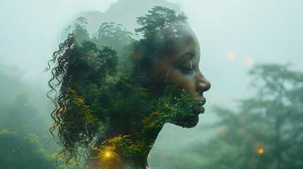 Double exposure portrait of black woman with forest imagery. Conceptual photography with nature and human connection concept. Design for art poster, eco awareness campaign