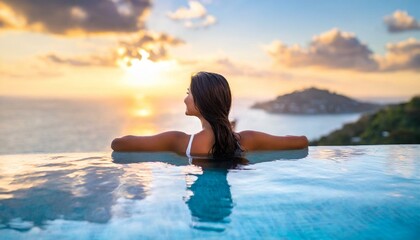  Woman on summer vacation holiday relaxing in infinity swimming pool with blue sea sunset