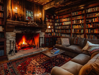 A cozy den with a fireplace and built-in bookshelves - obrazy, fototapety, plakaty
