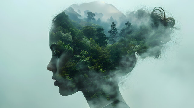 Double exposure portrait of woman with forest imagery. Conceptual photography with nature and human connection concept. Design for art poster, eco awareness campaign