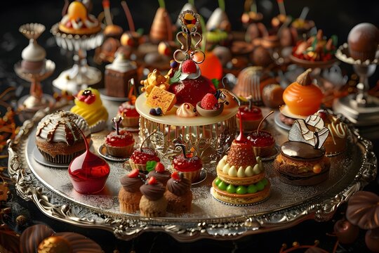 image of an extravagant dessert platter, with an array of miniature pastries and sweet delights, showcasing the epitome of culinary finesse in 16k ultra-realism.