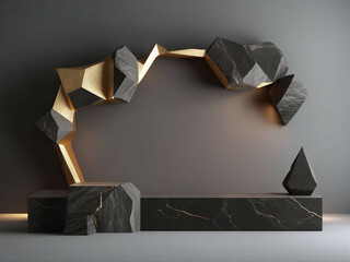 Elegant Black and Gold Stone Wall with Podium, Mockup Space