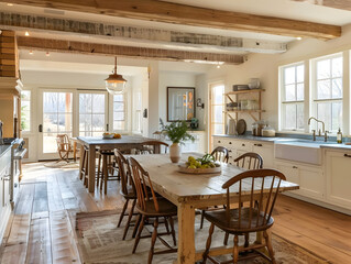 A Farmhouse Style Kitchen with a Large Wooden Harvest Table