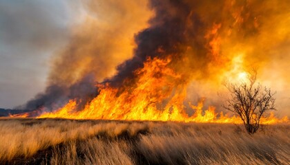 A wildfire is aggressively consuming a field filled with dry grass