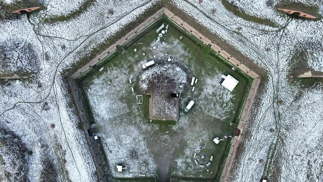 Aerial drone view of Nysa Stronghold early modern defensive systems. Fort nysa. Prussian fortress nysa in Opole. Fort Prussia, erected on the hills of the northern bank of the Nysa Klodzka river.