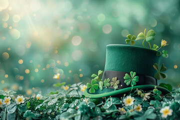 St. Patrick's Day background with green top hat and shamrocks, Saint Patrick's Day background with copy space