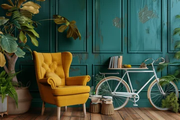 Kissenbezug Yellow armchair, bicycle and rattan table with books near green wall.AI generated © Ammad
