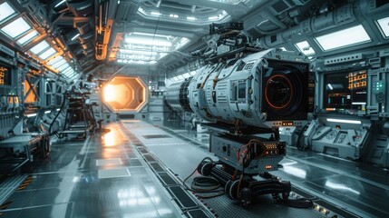 Futuristic film set, behind-the-scenes of a sci-fi movie with cutting-edge technology.