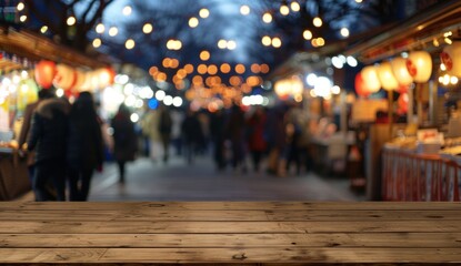 Fototapeta premium Empty wooden table top with blurred background of a Japanese winter market people walking around and eating at food stalls under lights at night Generative AI