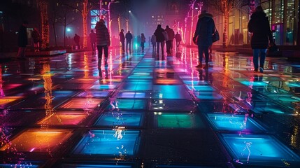 Futuristic public square, using interactive LED flooring for art and communication. - obrazy, fototapety, plakaty