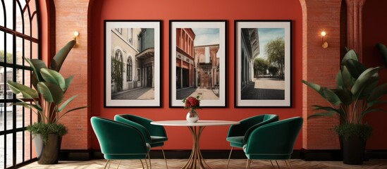 Luxurious restaurant interior featuring green armchairs, red walls, arched windows, and columns with a vertical poster gallery mockup.
