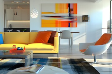 living room with sleek, modern furniture, where vibrant accent pieces add a pop of color to the clean and inviting space, captured in ultra-realistic 16k high resolution.
