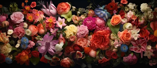 Keuken spatwand met foto A stunning bouquet of colorful flowers, including roses and other annual plants, arranged on a black background to create a beautiful contrast © AkuAku