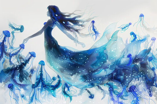 A mermaid dances with a school of bioluminescent jellyfish. Their glow illuminates her tail, creating a mesmerizing scene.