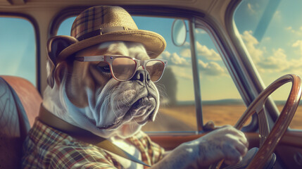 Bulldog wearing a hat and glasses driving a vintage car on a sunny day
