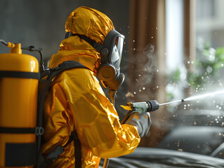 Pest control, Person in hazmat suit with respirator spraying chemicals indoors. Pest control and disinfection concept. Design for educational material, poster, and flyer. 