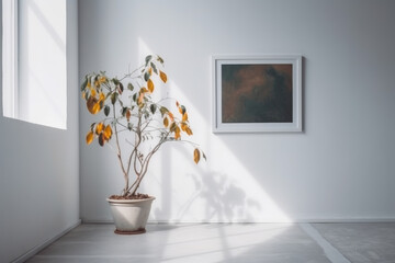 no shadow square frame on the floor leaning against a wall, colors: white, focus on the picture, 24mm lens, realistic, design, commercial, plants, furniture, centered painting