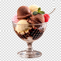 Ice cream sundae with assorted colorful scoops in PNG format