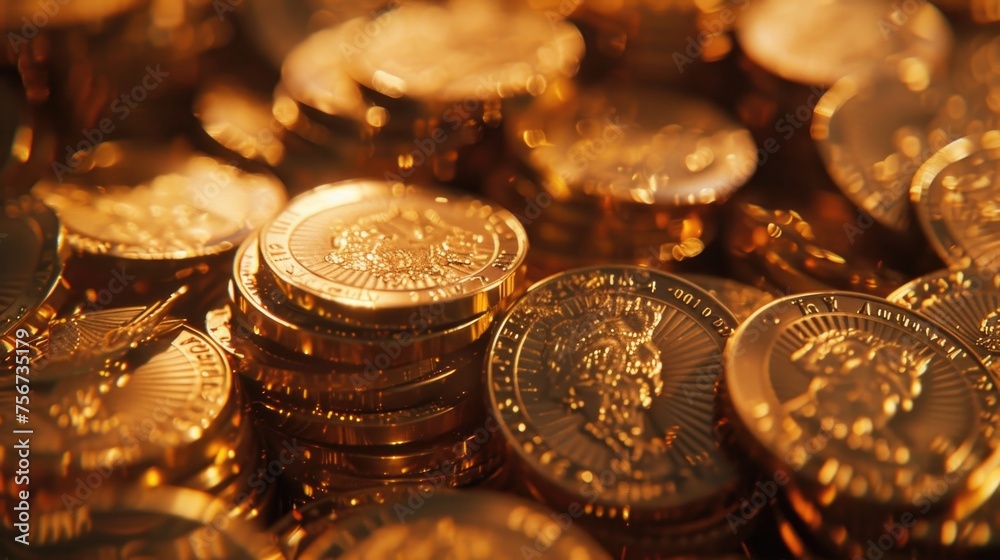 Poster a pile of gold coins stacked on top of each other. perfect for financial concepts