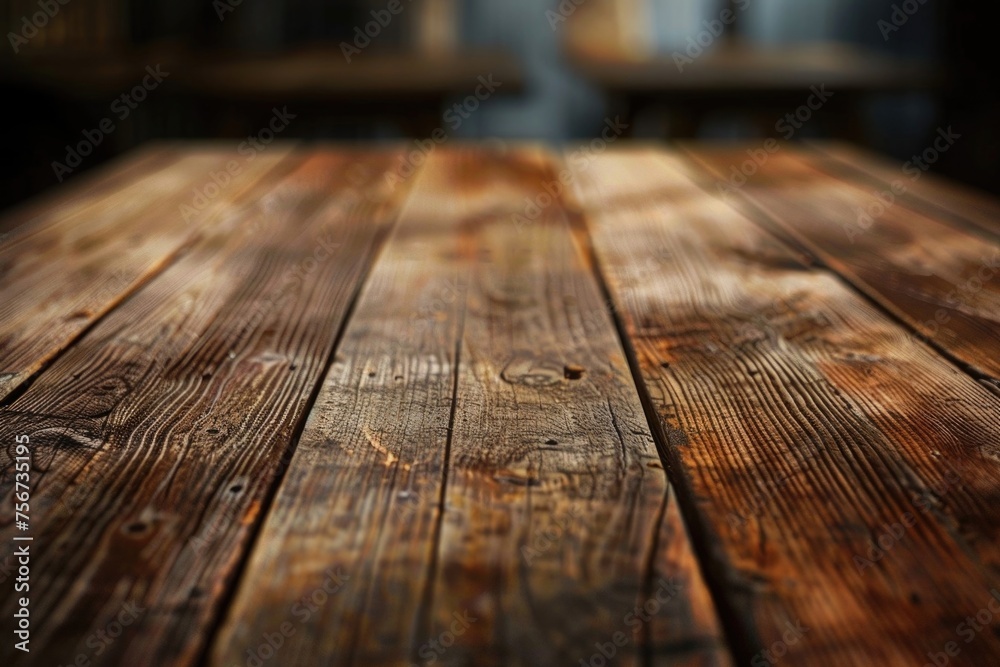 Aufkleber Close up view of a wooden table with a blurred background. Suitable for various design projects