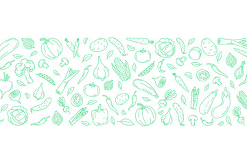 Vegetables hand drawn doodle pattern. Illustration for backgrounds, card, posters, banners. Horizontal background. Vector icons.