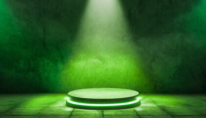 Green neon light product background stage or podium pedestal on grunge street floor with glow spotlight and blank display platform 