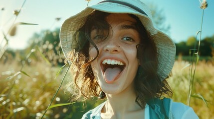 Playful woman in hat sticking out her tongue. Suitable for humor or casual lifestyle concepts - obrazy, fototapety, plakaty