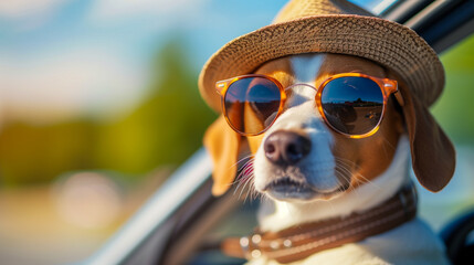 A dog with a straw hat and orange sunglasses sticking its head out from a car window - obrazy, fototapety, plakaty