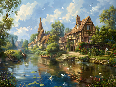A Tranquil Riverside Scene with a Quaint Village