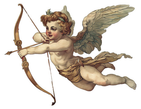 Vintage illustration of a cupid with bow and arrow in flight, cut out - stock png.