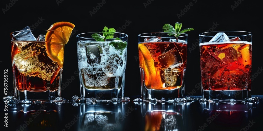 Poster row of glasses filled with different types of drinks, suitable for bar or restaurant themes