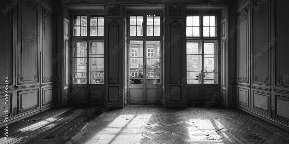 Poster A simple black and white photo of an empty room. Suitable for various design projects