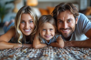 A happy family lying on the floor, smiling and sharing a fun moment together