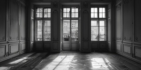 A simple black and white photo of an empty room. Suitable for various design projects